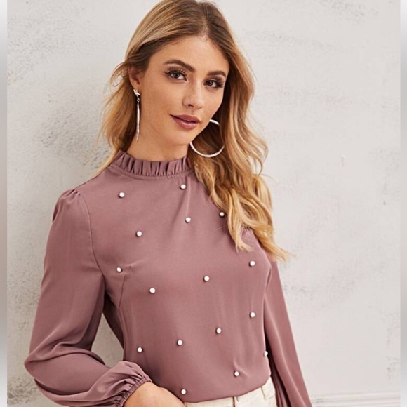 Pearl Beaded Frilled Neckline Lantern Sleeve Top shein medium - Picture 8 of 8